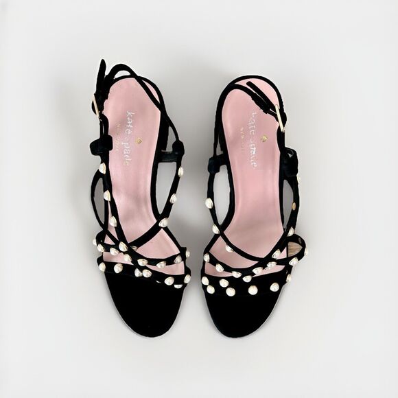 Kate Spade Wynne Black Suede Pearl Embellished Block Heel Sandals Women's Sz 7.5 - Picture 4 of 11